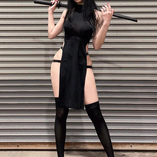 Sexy Ninja Cosplay Costumes Halter Sexy Cut Out High Split Lingerie Dress