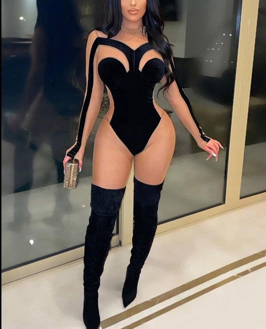 Sheer Mesh Nude Patchwork Long Sleeve Bodysuit