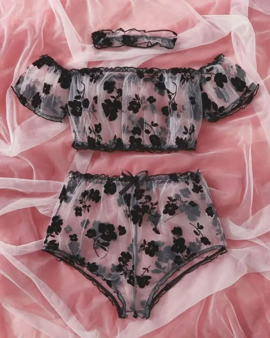 Floral Flocked Sheer Mesh Lingerie Set with Chocker