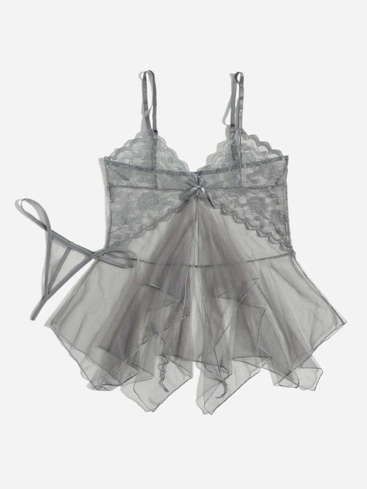 Contrast Lace Sheer Mesh Slips With Thong