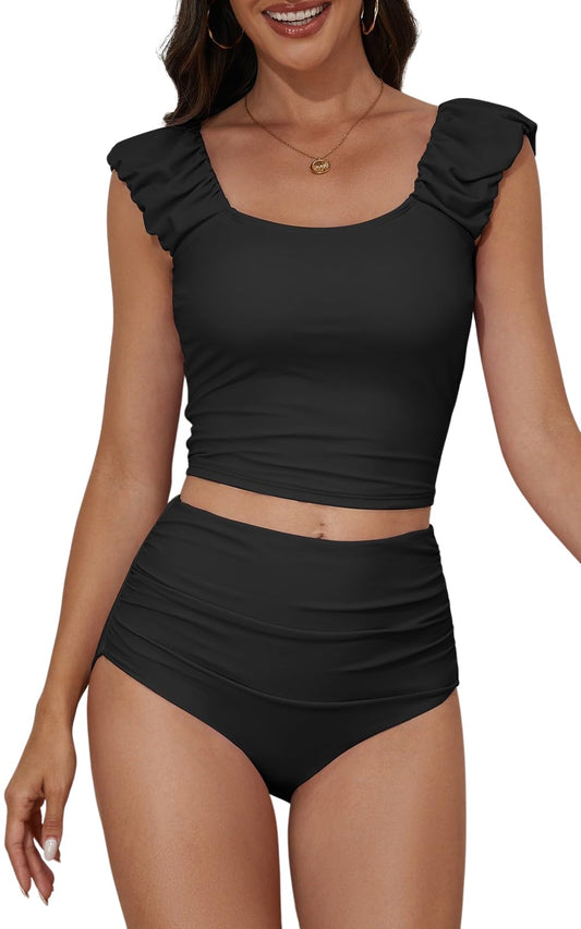 Two Piece Ruched Tummy Control Tankini for Women