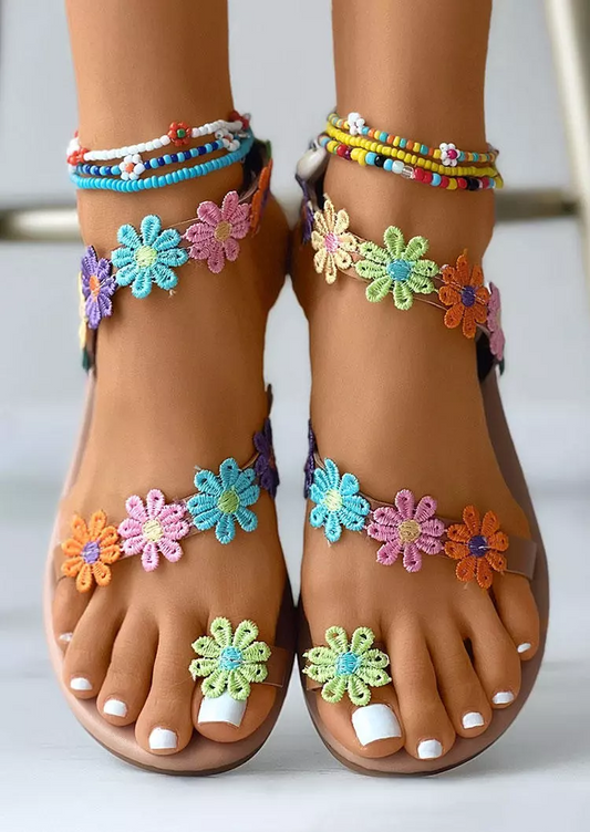 Floral Flat PU Leather Sandals without Anklet