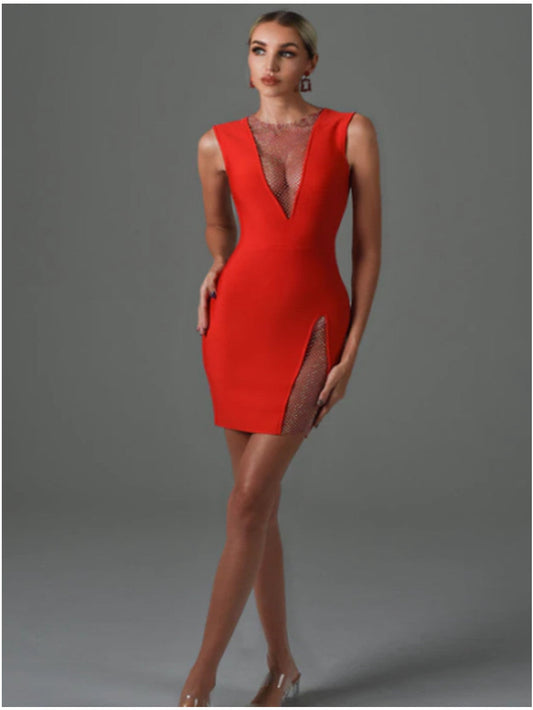 V collar mesh long sleeve mini dress