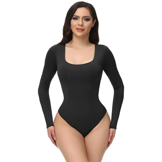 Seamless Square Neck Long Sleeve Thong Bodysuit