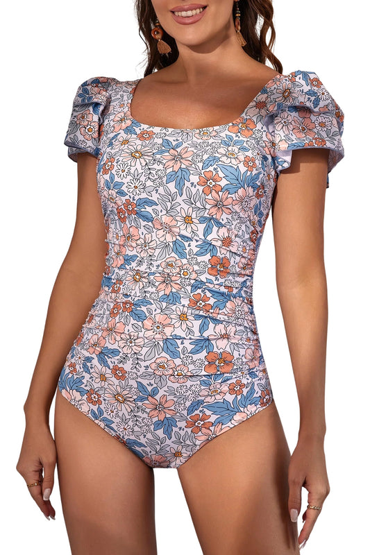 Ruffle Square Neck Tummy Control One Piece Swimsuit