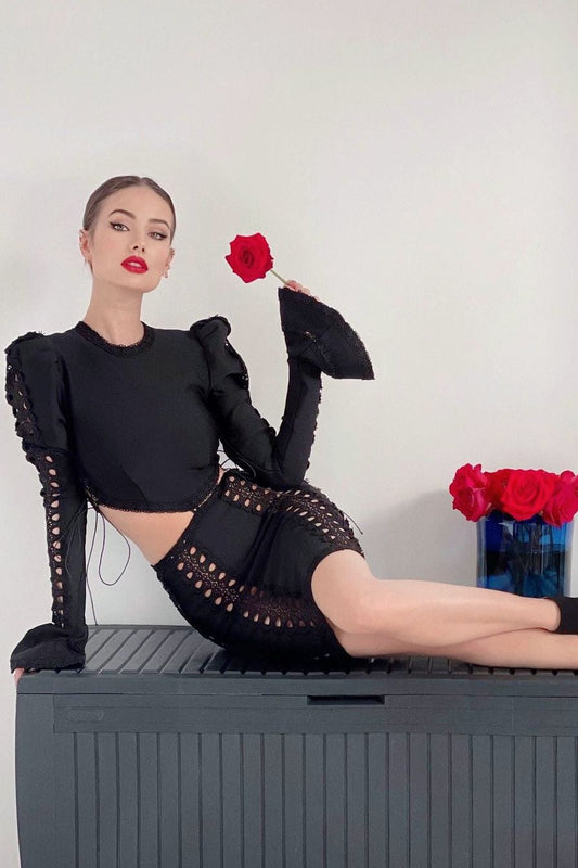 Nala Sexy vintage embroidered hollow flare sleeve bodycon bandage dress