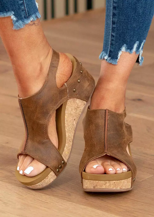 Studded Hollow Out Peep Toe Wedge Sandals - Brown