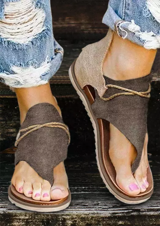 Color Block Zipper Flat Thong Sandals - Khaki